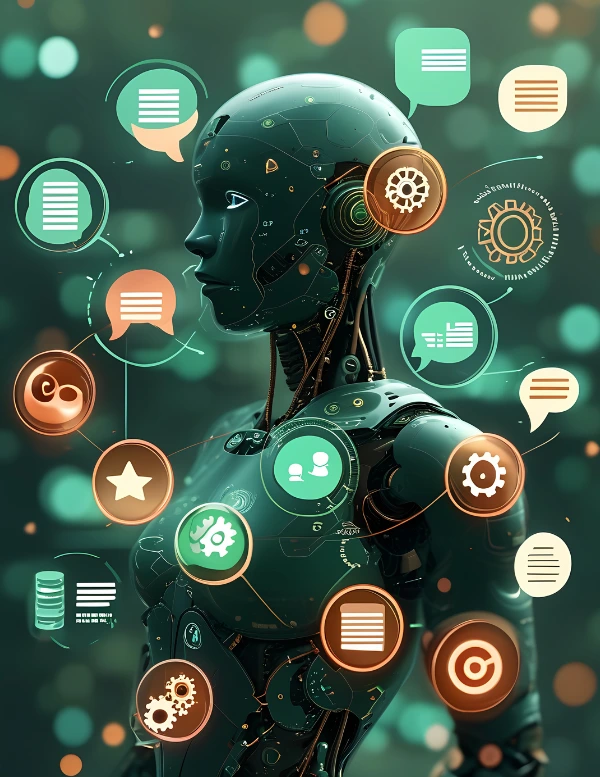 AI bot with a network of interconnected icons representing AI automation in social media, enhancing engagement, analytics, and marketing efficiency.