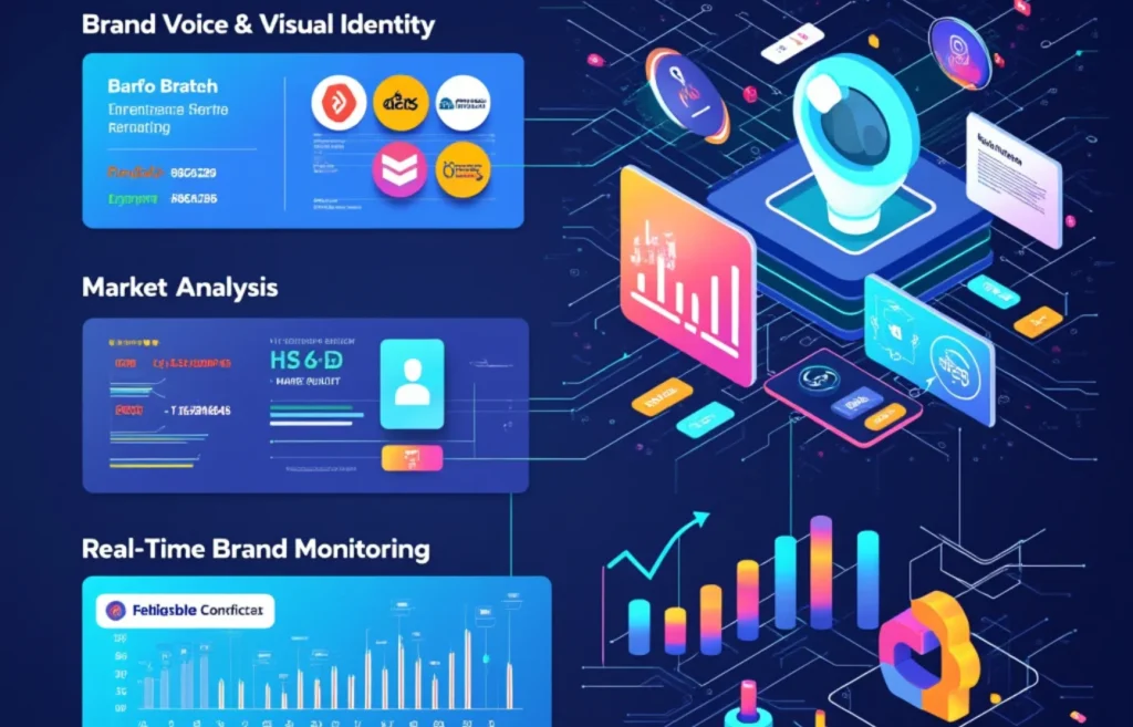 Illustration of AI brand management with tools for real-time monitoring, market analysis, and brand voice development, enabling brands to streamline social media presence using AI