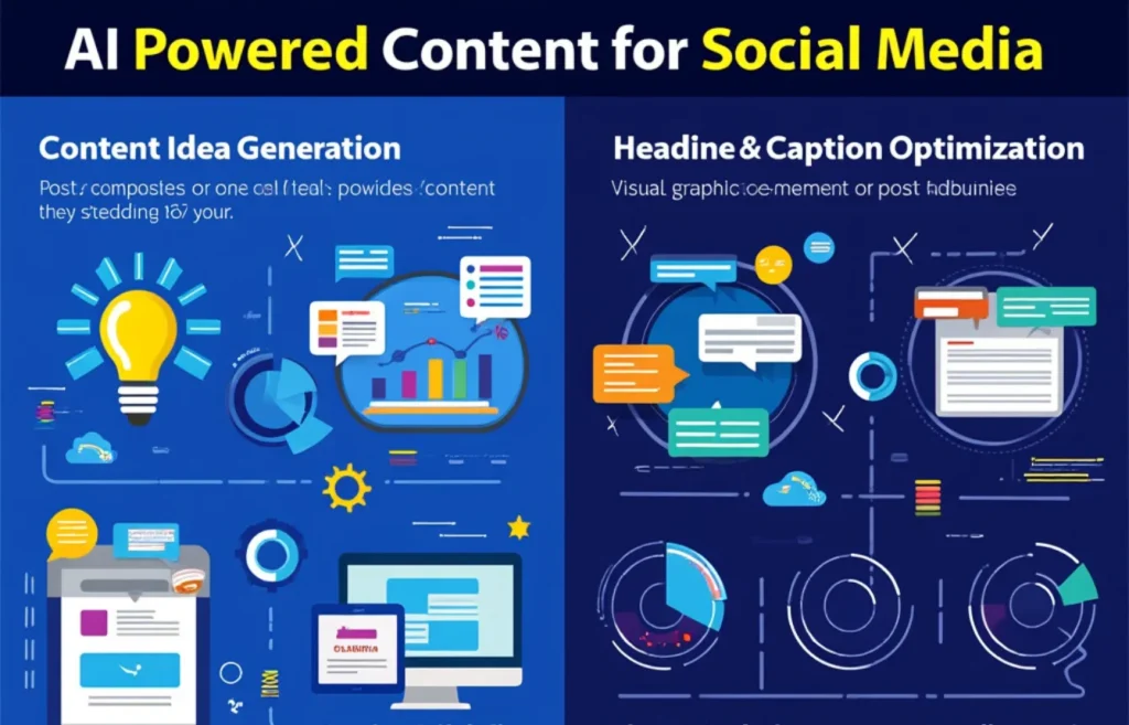 AI-powered content creation interface with tools for generating social media posts, optimizing captions, and engaging audiences, driving social media marketing efficiency through artificial intelligence.