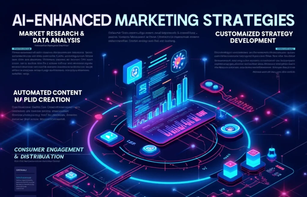 Illustration showcasing AI-driven marketing strategies, including data analysis, content automation, and consumer engagement, designed to elevate social media marketing through artificial intelligence.