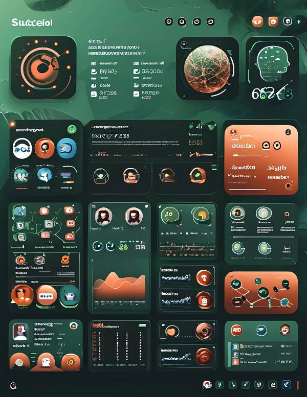 Digital cogs and media icons symbolizing AI tools that optimize social media engagement, streamline content, and drive interaction for brands.