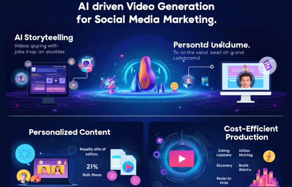 Graphic of AI-powered video generation tailored for social media, highlighting personalized content creation and cost-efficient production strategies using AI tools to enhance audience engagement.