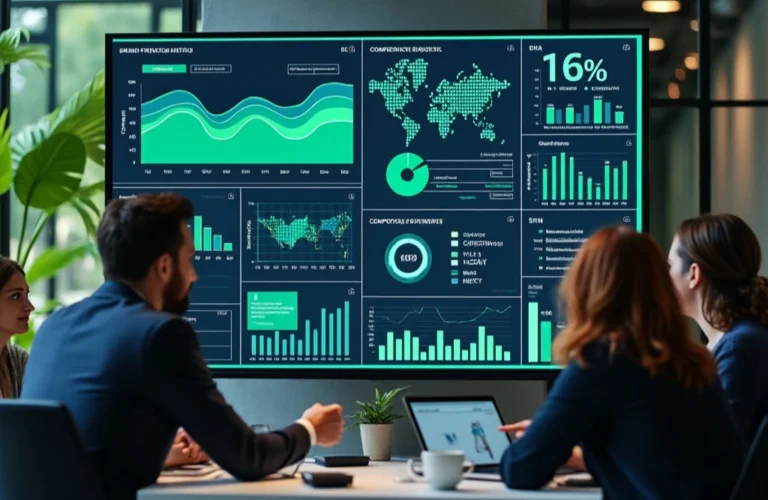 Social Scion team analyzing AI-powered branding metrics on a large screen, showcasing data-driven insights for effective brand management and strategy.