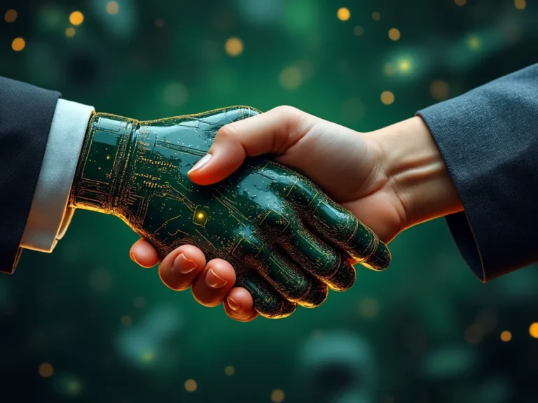 AI-powered handshake representing collaboration between artificial intelligence and human expertise in marketing, highlighting trust, innovation, and growth through AI-driven solutions.