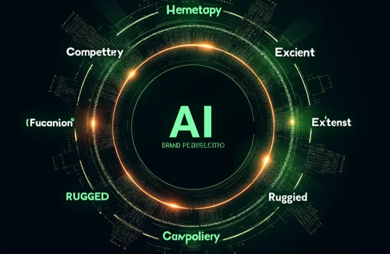 Circular digital interface with ‘AI’ at the center, illustrating how AI technology supports brand positioning, identity, and growth in brand management and personal branding.