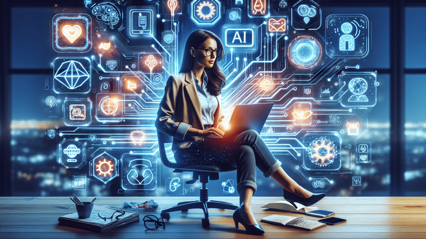 Alt text: "Solopreneur using AI tools on a laptop to create social media strategies, illustrating effective AI social media tactics for success."2024-11-11T03:34:04.002Z