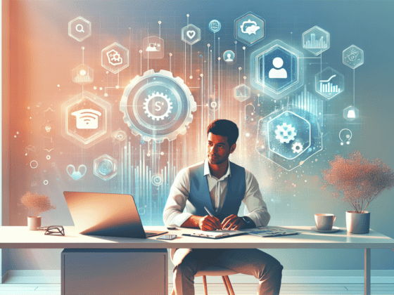 Illustration of AI tools analyzing social media data on a laptop, highlighting AI social media marketing for small business growth."