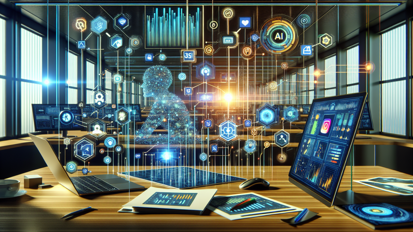 Image of a laptop displaying AI analytics with social media icons, illustrating AI social media marketing strategies for small business growth.