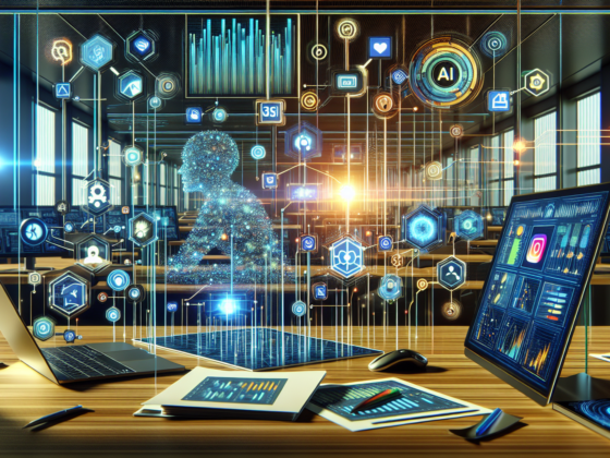 Image of a laptop displaying AI analytics with social media icons, illustrating AI social media marketing strategies for small business growth.