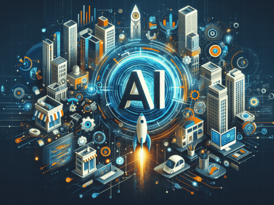 An AI-powered marketing dashboard displayed on a laptop, small business owner analyzing data insights, AI marketing strategy.