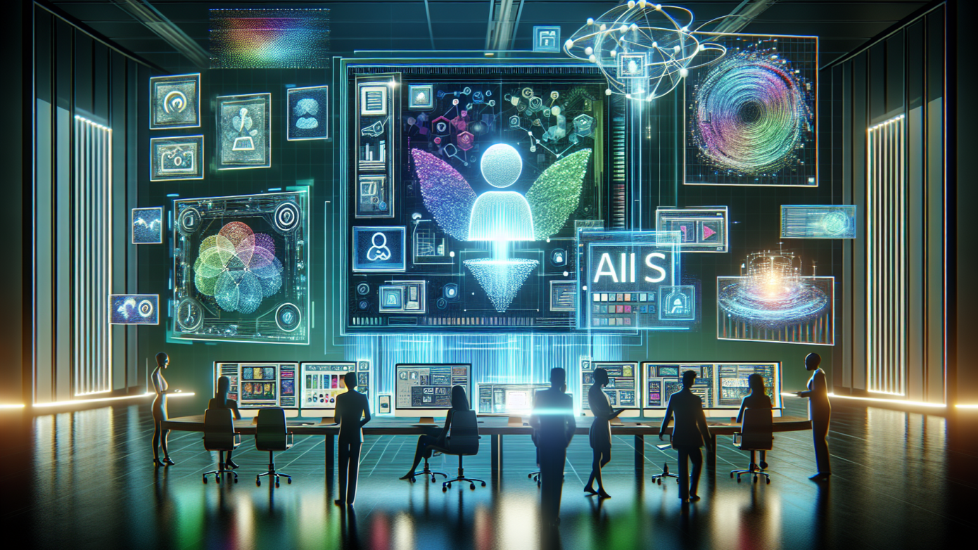 Image of a computer screen displaying a sleek, modern AI interface for logo designing ai, surrounded by marketing tools on a creative workspace.