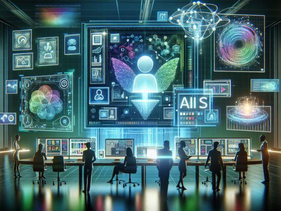 Image of a computer screen displaying a sleek, modern AI interface for logo designing ai, surrounded by marketing tools on a creative workspace.