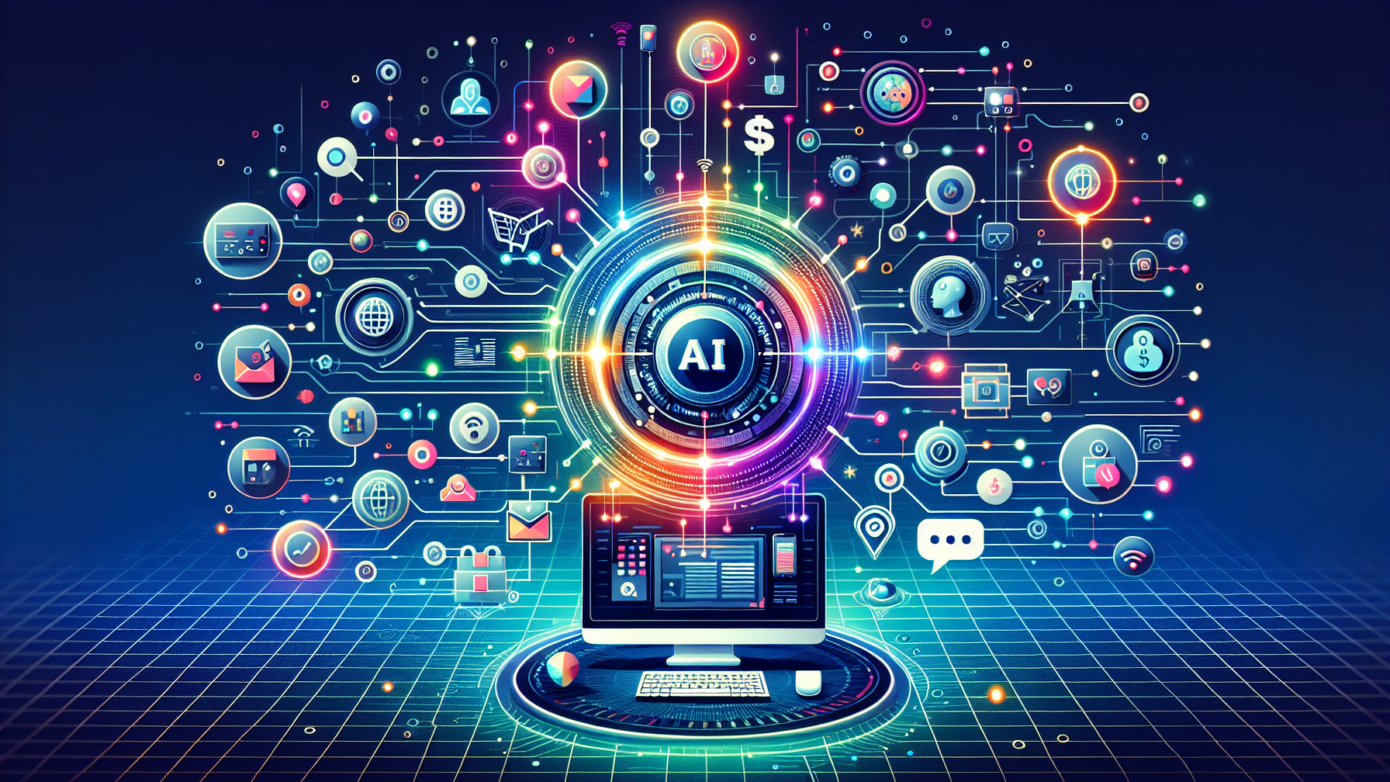 Illustration of a laptop displaying AI dashboards, graph analytics, and alerts, highlighting AI tools for social media strategies.