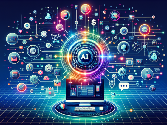 Illustration of a laptop displaying AI dashboards, graph analytics, and alerts, highlighting AI tools for social media strategies.