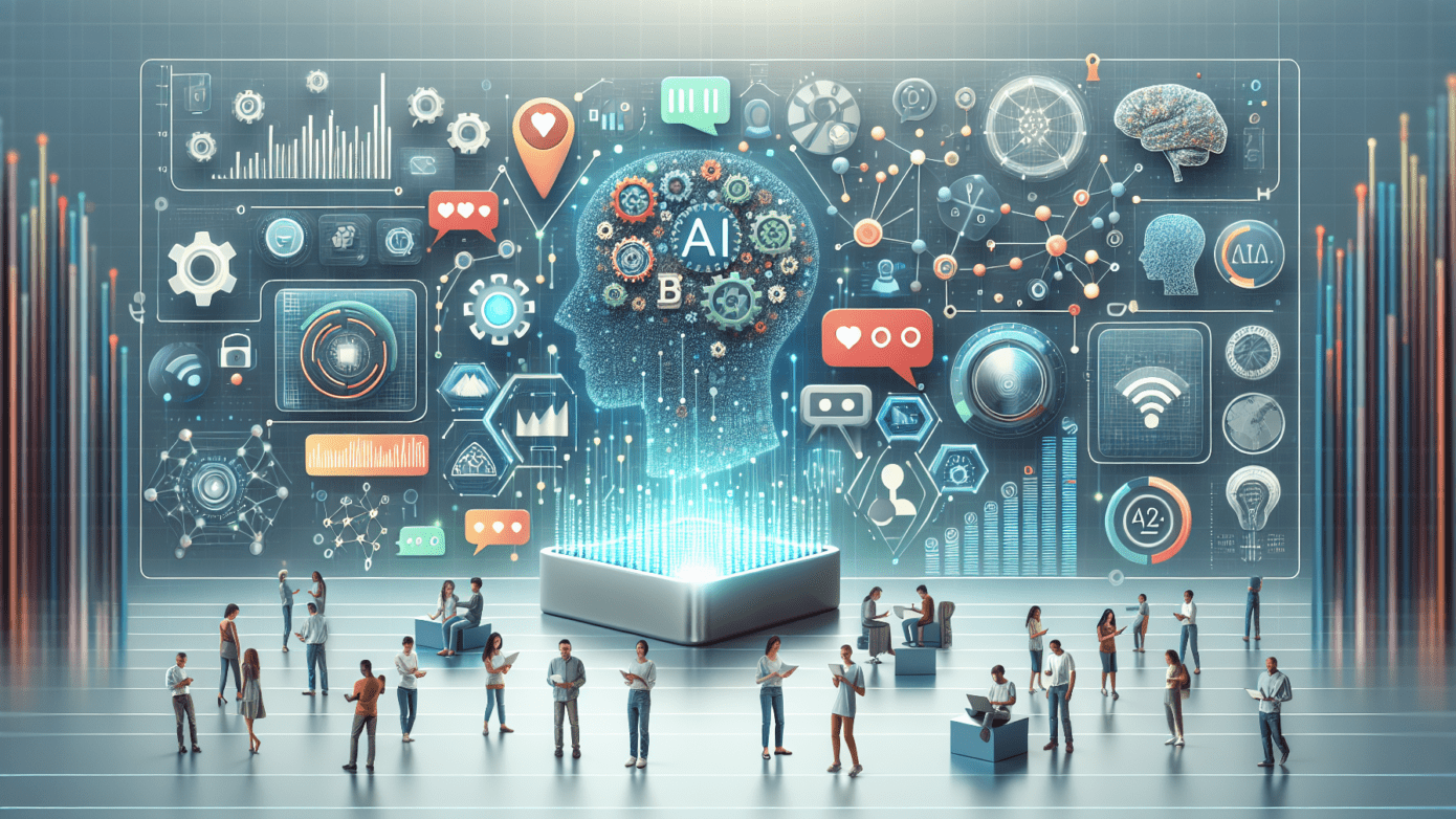 Image of a small business owner using a laptop with AI social media management dashboard displaying analytics and engagement metrics.