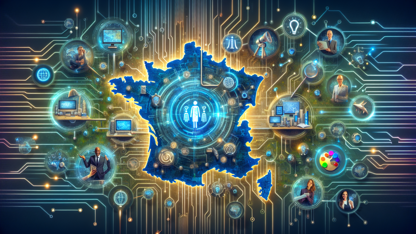 Image showcasing a map of France with digital marketing icons representing AI business marketing strategies, targeting small businesses.