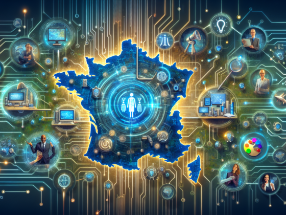 Image showcasing a map of France with digital marketing icons representing AI business marketing strategies, targeting small businesses.