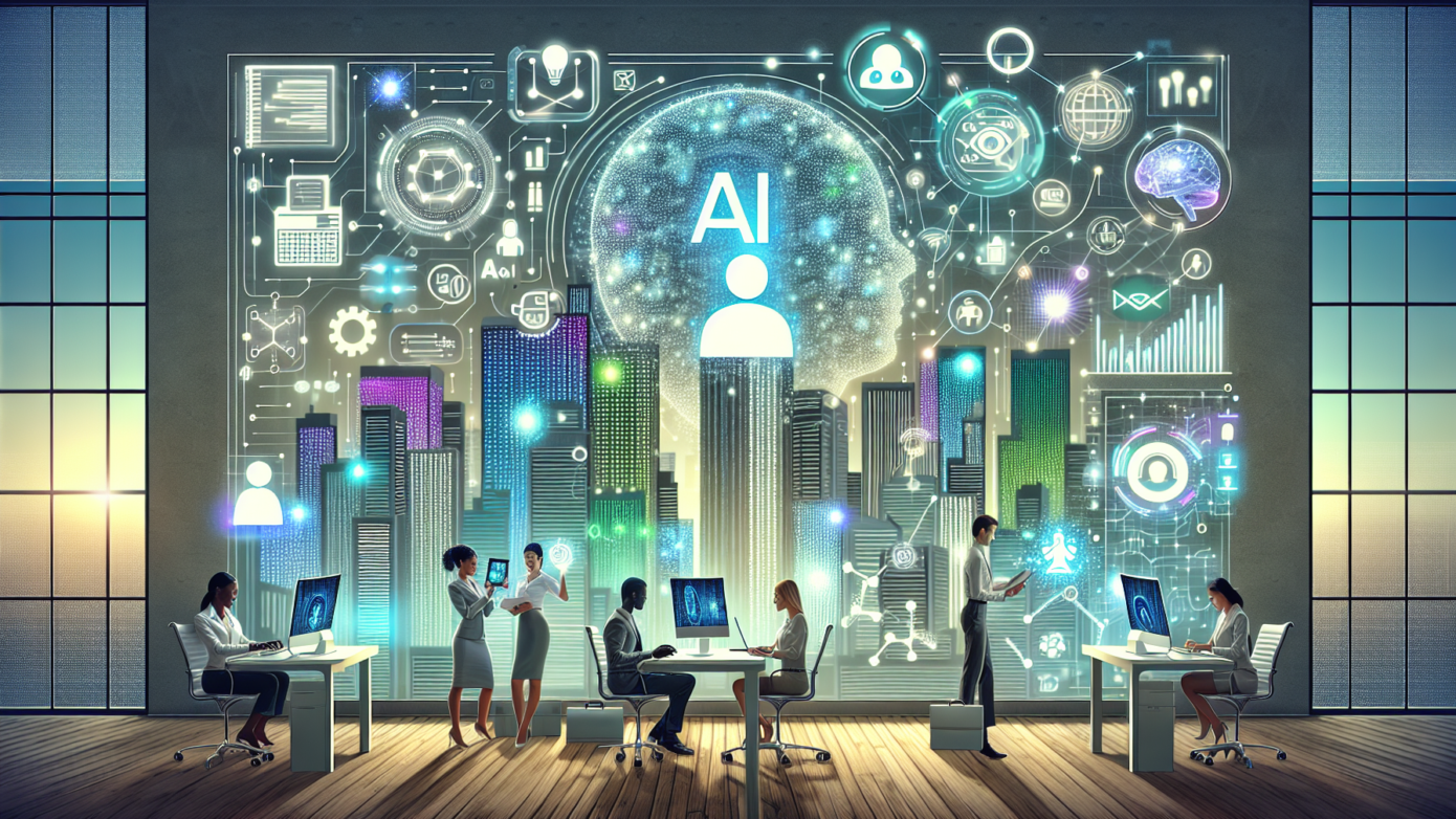 Image depicting a small business team discussing AI in branding strategies for 2025, featuring digital charts and futuristic elements.