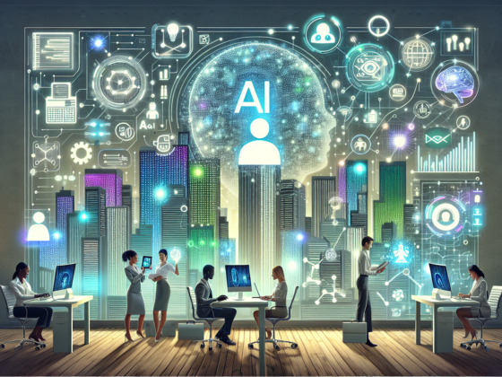 Image depicting a small business team discussing AI in branding strategies for 2025, featuring digital charts and futuristic elements.