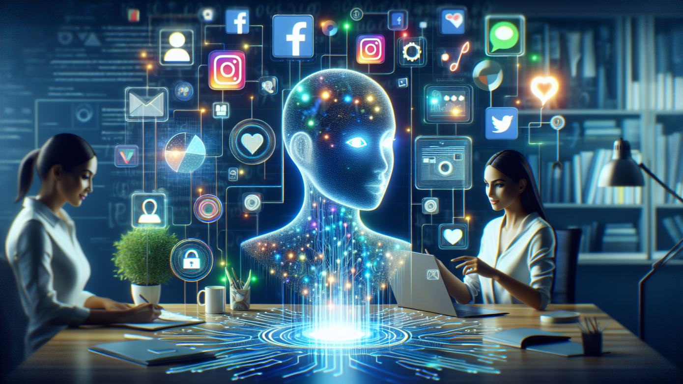 Image of a laptop screen displaying vibrant social media posts being enhanced by AI tools, illustrating advanced social media post design AI strategies for small businesses.