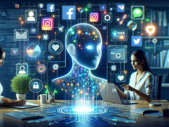 Image of a laptop screen displaying vibrant social media posts being enhanced by AI tools, illustrating advanced social media post design AI strategies for small businesses.