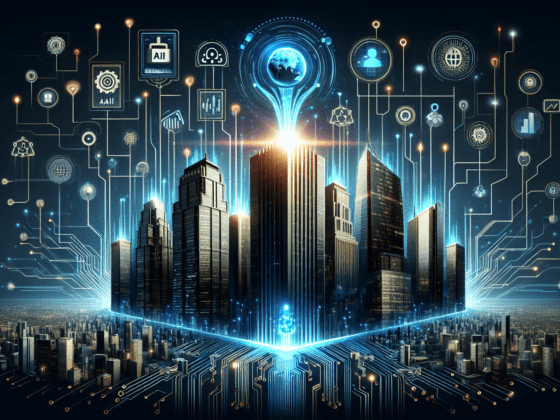 Image of a small business owner analyzing stock trends on a computer, symbolizing AI brand growth with innovative technology integration.