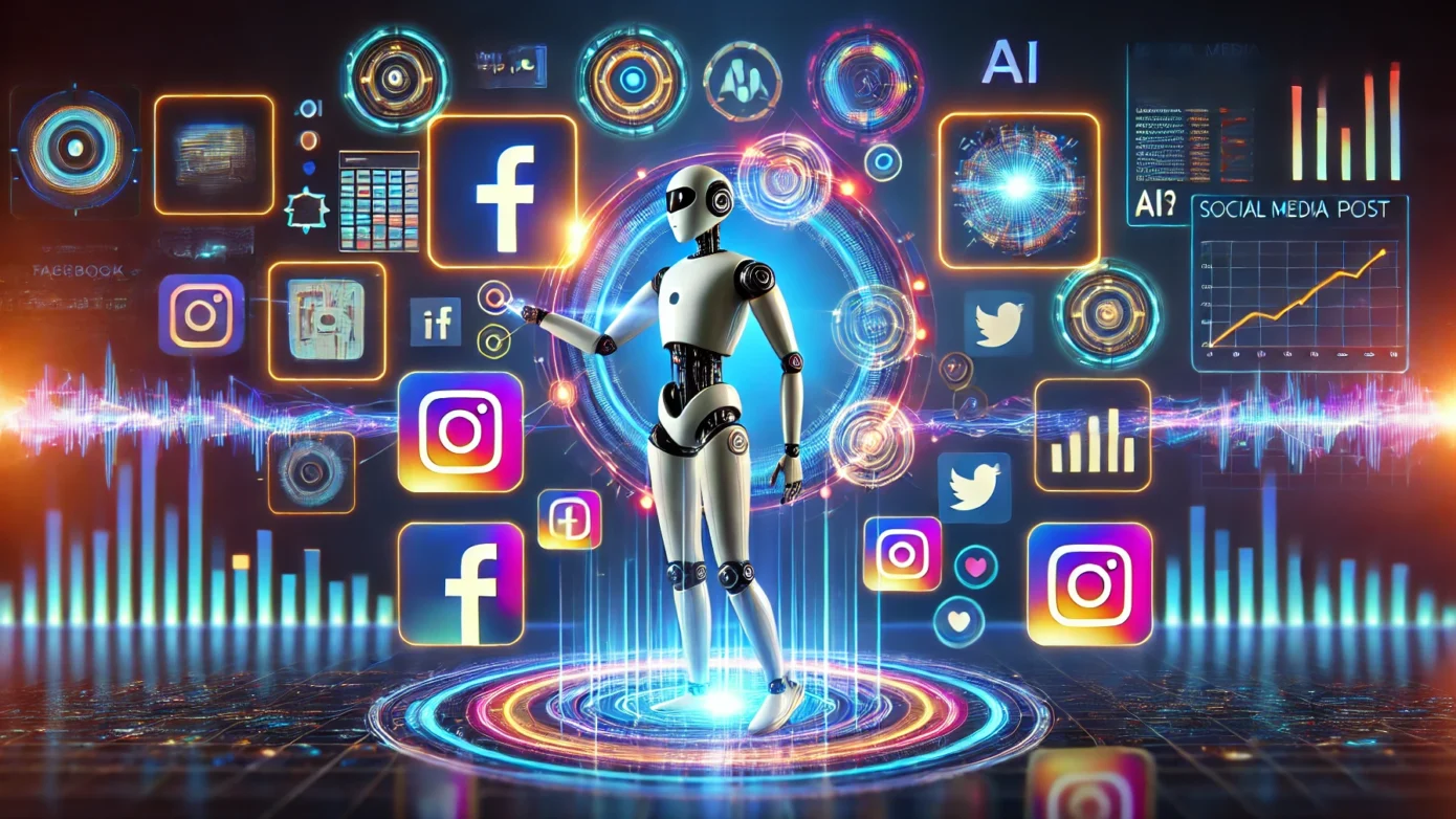 A futuristic digital illustration depicting AI-driven social media content creation and automation. The image features a virtual assistant or AI robot managing and optimizing social media posts, with interconnected floating icons of Facebook, Instagram, Twitter, and LinkedIn. Abstract analytics graphs, a content calendar interface, and glowing data streams represent AI-powered automation and engagement optimization.