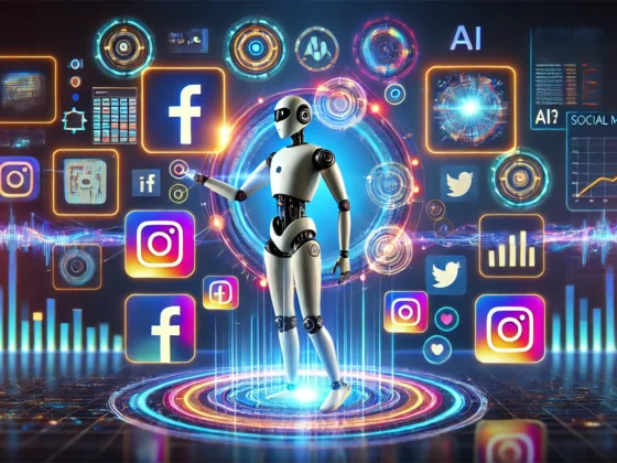 A futuristic digital illustration depicting AI-driven social media content creation and automation. The image features a virtual assistant or AI robot managing and optimizing social media posts, with interconnected floating icons of Facebook, Instagram, Twitter, and LinkedIn. Abstract analytics graphs, a content calendar interface, and glowing data streams represent AI-powered automation and engagement optimization.