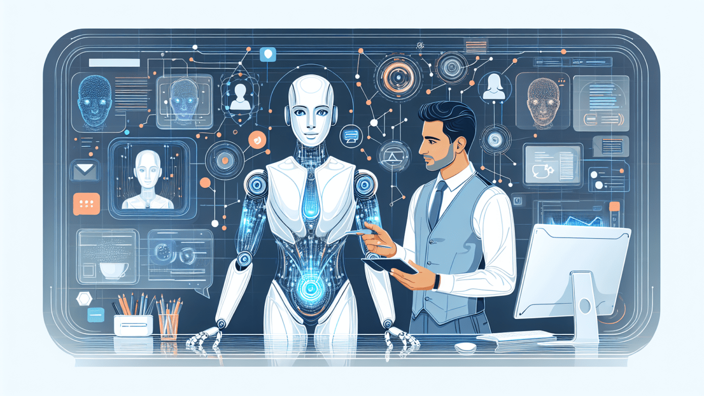 Illustration of AI forming brand voice elements on a digital screen, highlighting strategy and marketing tools for small business success.