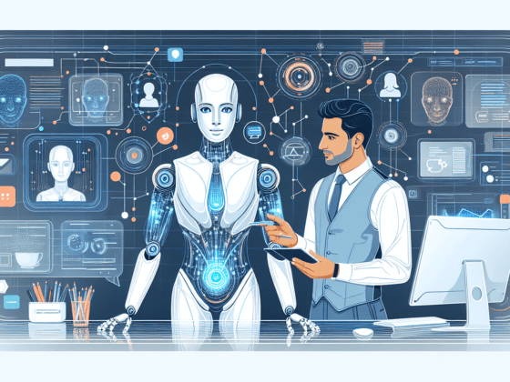 Illustration of AI forming brand voice elements on a digital screen, highlighting strategy and marketing tools for small business success.