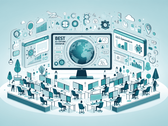 Illustration of various AI tools on a desk symbolizing features and benefits for small business owners; best AI content generator.