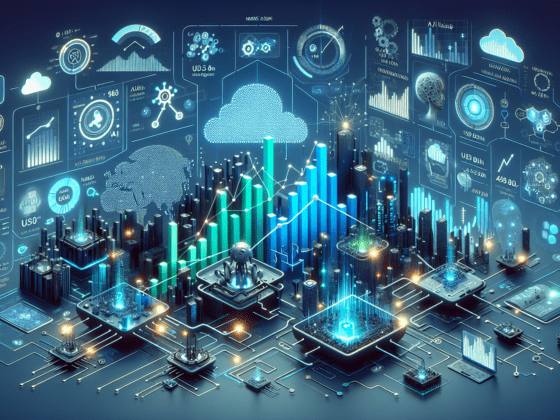 A futuristic cityscape with digital graphs overlaying buildings, illustrating AI for market research and emerging tech trends.