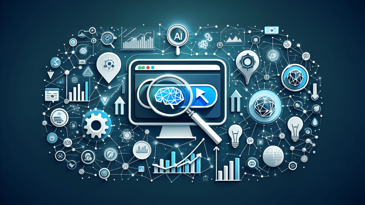 Image depicting a digital brain over a laptop with data charts, symbolizing AI SEO strategies for small business growth in today's market.