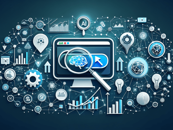 Image depicting a digital brain over a laptop with data charts, symbolizing AI SEO strategies for small business growth in today's market.