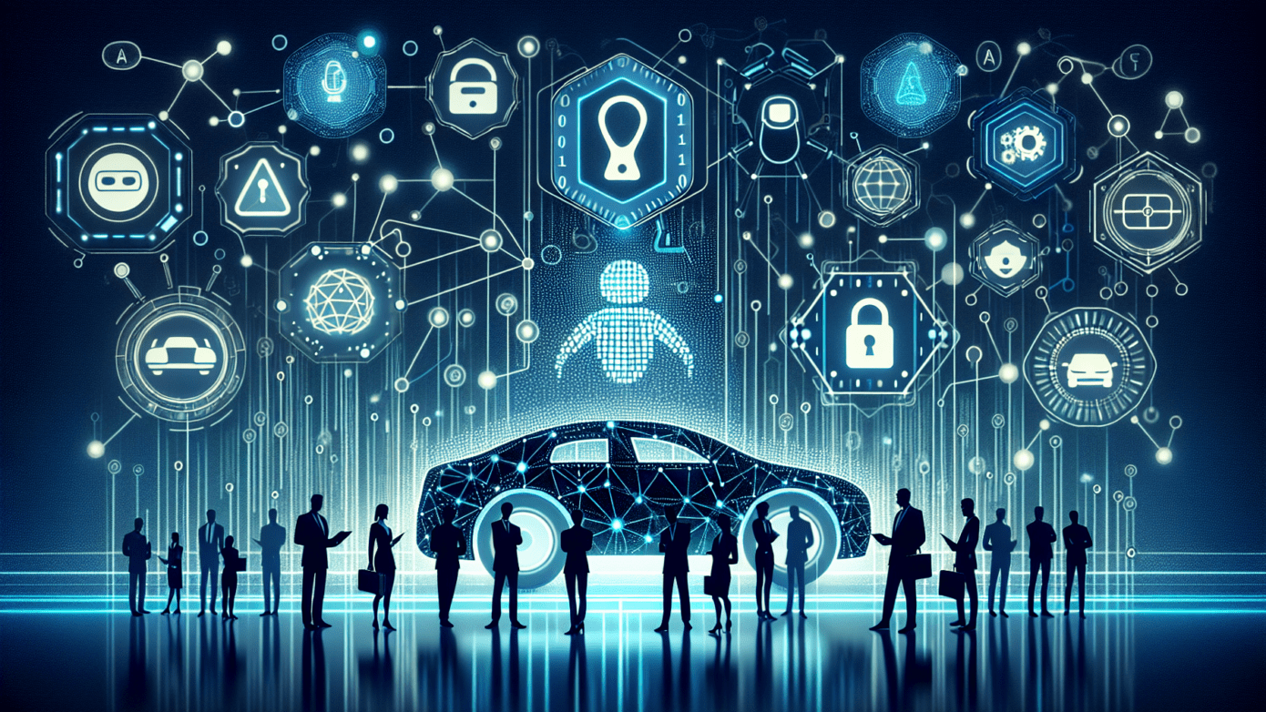 Image of a car surrounded by digital icons symbolizing AI brand engagement in auto finance, empowering small business strategies.