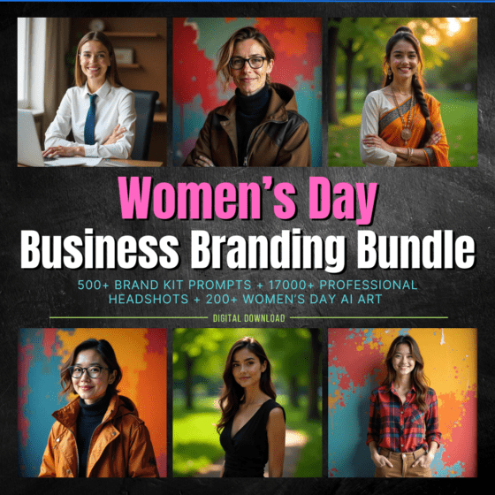 AI-powered branding and marketing bundle with customizable AI brand automation tools, professional headshots, and Women’s Day-themed designs for business growth