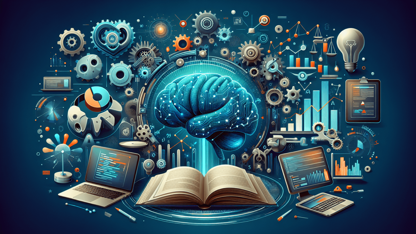 Image showing a balanced scale with a quill pen and AI circuitry, symbolizing AI write pros and cons for publishing in small businesses.