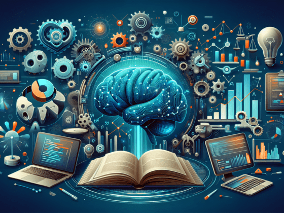 Image showing a balanced scale with a quill pen and AI circuitry, symbolizing AI write pros and cons for publishing in small businesses.