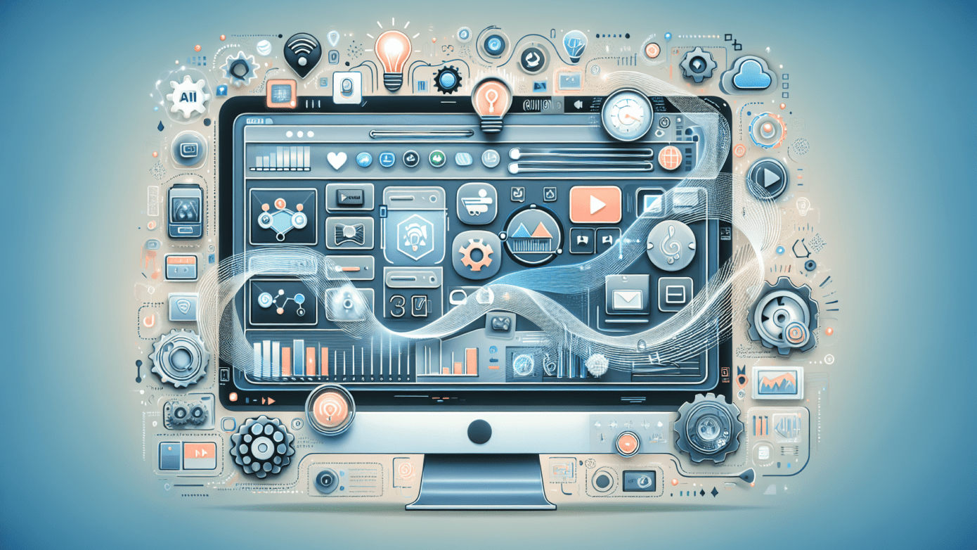 Illustration of an AI free video generator interface on a laptop screen, highlighting features for small business owners.