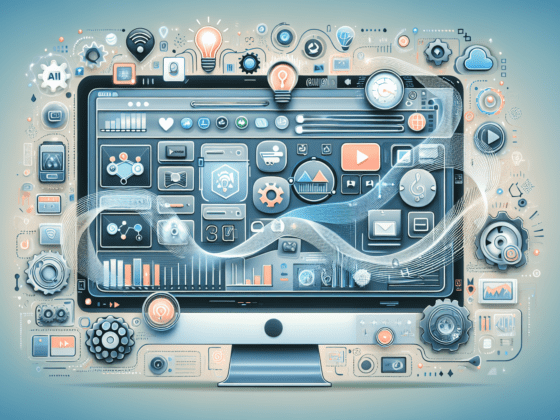 Illustration of an AI free video generator interface on a laptop screen, highlighting features for small business owners.