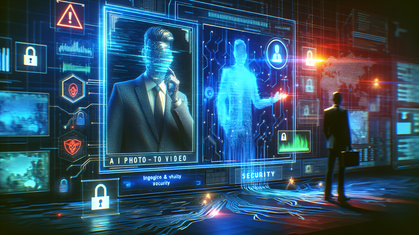 Image of a concerned business owner analyzing a digital screen with security icons and "AI photo to video" tools, highlighting scam risks.
