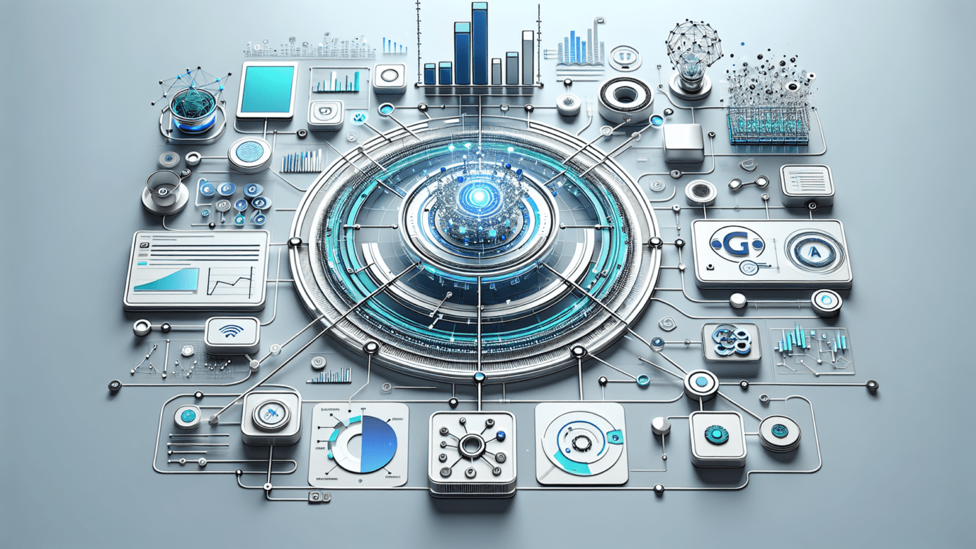 Image depicting a diverse team analyzing futuristic graphs and trends on a digital screen, illustrating a 2025-centric AI marketing strategy.