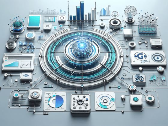 Image depicting a diverse team analyzing futuristic graphs and trends on a digital screen, illustrating a 2025-centric AI marketing strategy.