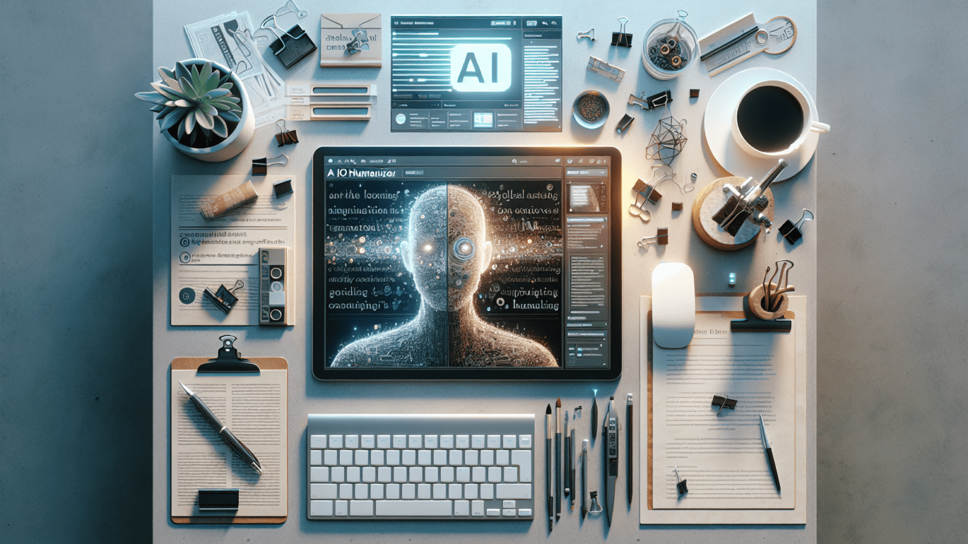 Image of a small business owner using a computer with AI text software to enhance content creation, showcasing humanizing technology benefits.