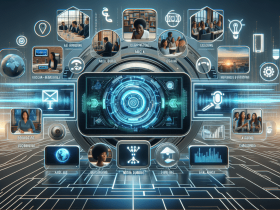 Image depicting AI video tools interface on a laptop screen, highlighting media trends and ethical issues for small businesses.