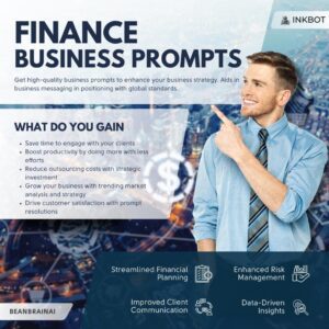 Businessman pointing at finance ai prompt text with icons for risk management, financial planning, and client communication.