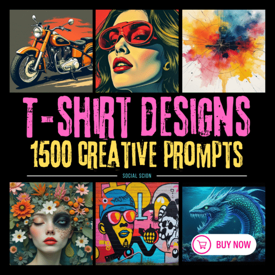 T-shirt mockups and digital artwork with bold colors generated by MidJourney, representing AI-powered t-shirt design ideas.