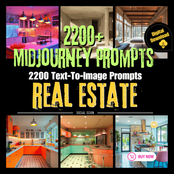 A set of AI-generated real estate and interior design visuals created from MidJourney real estate art prompts for use in listings and decor mockups.