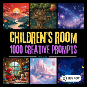 Cute AI robot holding a children’s wall art prompt card, representing a digital prompt bundle for generating nursery and kids room art using MidJourney.