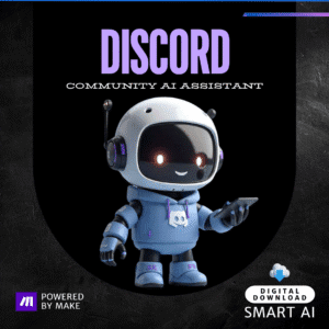 Discord AI Assistant robot illustration wearing a hoodie, holding a phone, representing smart community automation powered by Make, digital download.